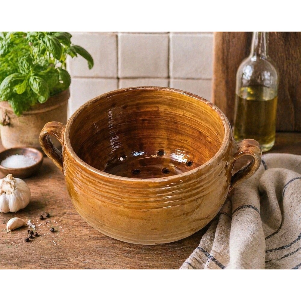 Vintage Italian Terracotta Colander Large Yellow Glazed Pottery Strainer 1940s